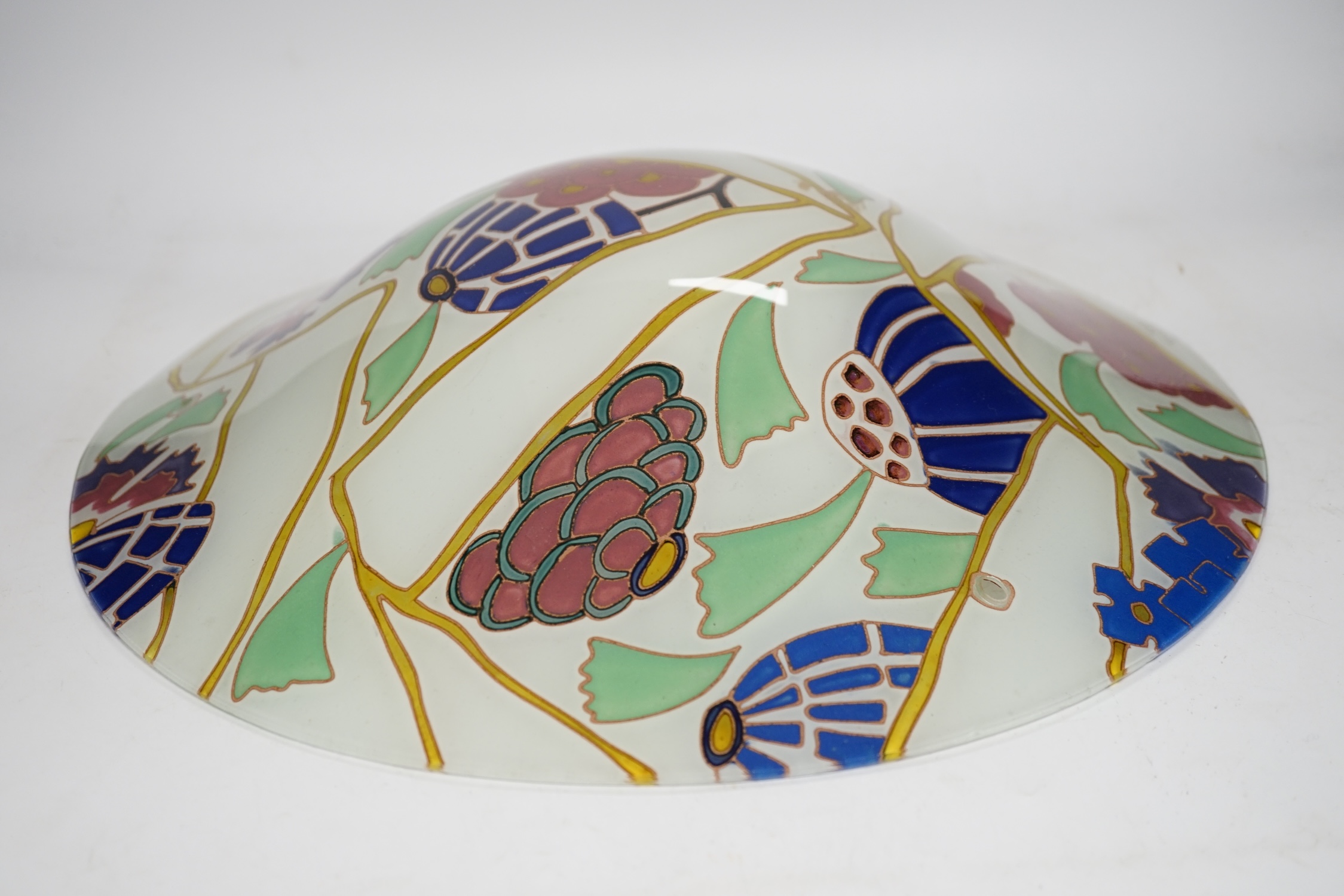 An Art Deco Maxonade Verrier, Paris, enamelled glass plafonnier, signed, 40.5cm diameter. Condition - lacking chords otherwise good